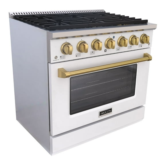 Akicon 36" Slide-in Freestanding Professional Style Gas Range with 5.2 Cu. Ft. Oven, 6 Burners, Convection Fan, Cast Iron Grates, & Blue Porcelain Oven Interior, In White with Gold