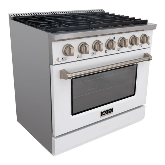 Akicon 36" Slide-in Freestanding Professional Style Gas Range with 5.2 Cu. Ft. Oven, 6 Burners, Convection Fan, Cast Iron Grates, & Blue Porcelain Oven Interior, In White with Stainless Steel