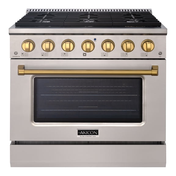 Akicon 36" Slide-in Freestanding Professional Style Gas Range with 5.2 Cu. Ft. Oven, 6 Burners, Convection Fan, Cast Iron Grates. Stainless Steel & Gold