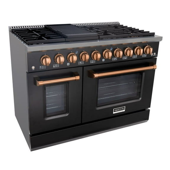 Akicon 48" Slide-in Freestanding Professional Style Gas Range with 6.7 Cu. Ft. Oven, 8 Burners, Convection Fan, Cast Iron Grates, & Blue Porcelain Oven Interior, In Black with Copper