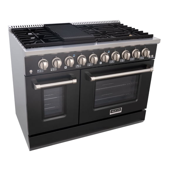 Akicon 48" Slide-in Freestanding Professional Style Gas Range with 6.7 cu. ft. Oven, 8 Burners, Convection Fan, Cast Iron Grates, & Blue Porcelain Oven Interior, Black with Stainless Steel