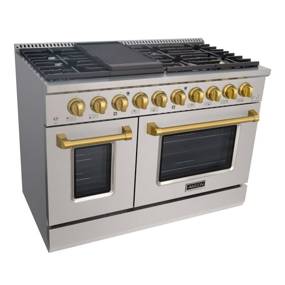 Akicon 48" Slide-in Freestanding Professional Style Gas Range with 6.7 Cu. Ft. Oven, 8 Burners, Convection Fan, Cast Iron Grates, & Blue Porcelain Oven Interior, In Stainless Steel with Gold