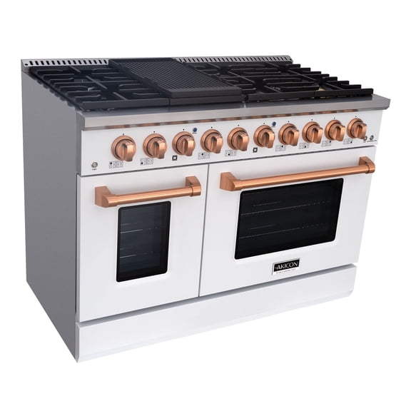 Akicon 48" Slide-in Freestanding Professional Style Gas Range with 6.7 cu. ft. Oven, 8 Burners, Convection Fan, Cast Iron Grates, & Blue Porcelain Oven Interior, White with Copper
