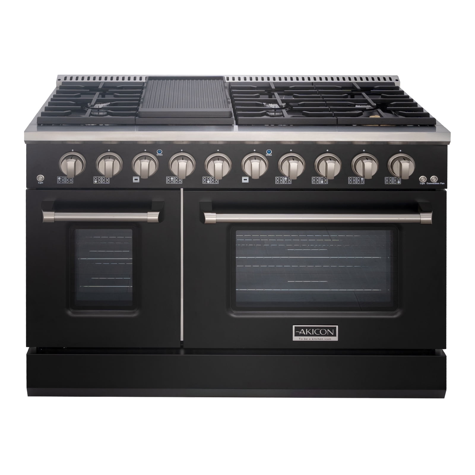 Akicon 48" Slide-in Freestanding Professional Style Gas Range with 6.7 Cu. Ft. Oven, 8 Burners, Convection Fan, Cast Iron Grates. Matte Black & Stainless Steel