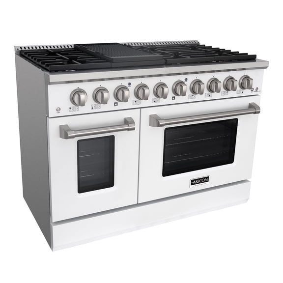 Akicon 48" Slide-in Freestanding Professional Style Gas Range with 6.7 cu. ft. Oven, 8 Burners, Convection Fan, Cast Iron Grates. White & Stainless Steel