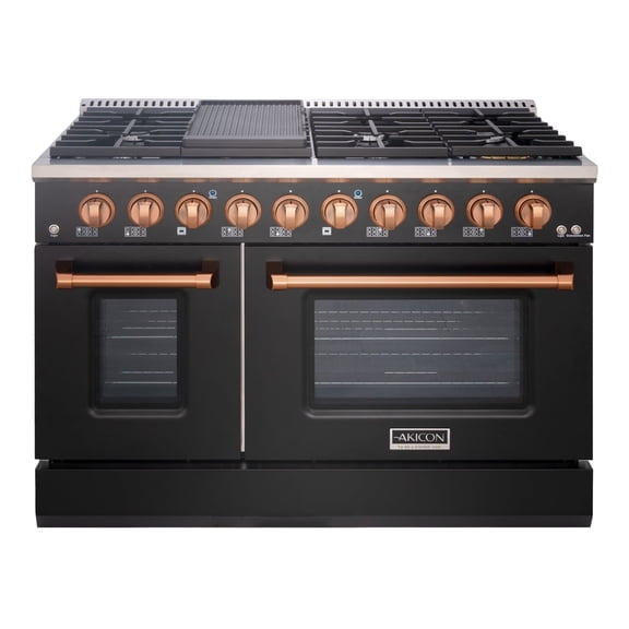 Akicon 48" Freestanding Gas Range, 6.7 Cu. Ft. Oven, 8 Burners, Black & Copper