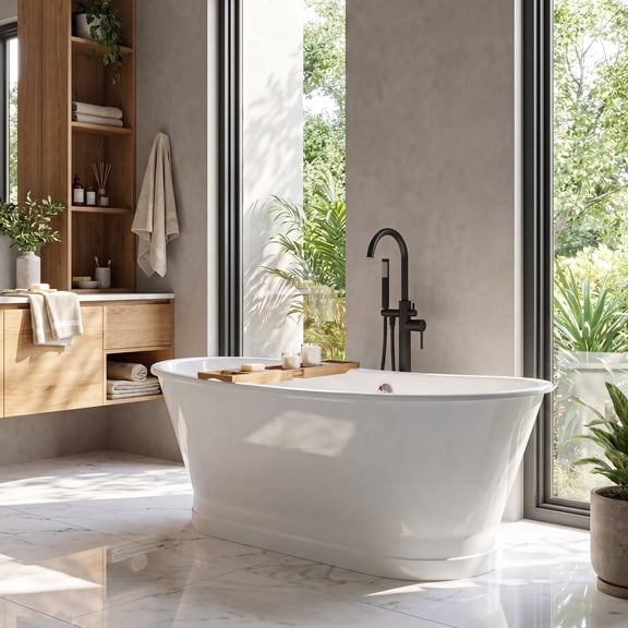 Akicon 67" Double-Ended Solid Cast Iron Freestanding Deep Soaking Bathtub with Complete Drain and Overflow Hardware Kit White