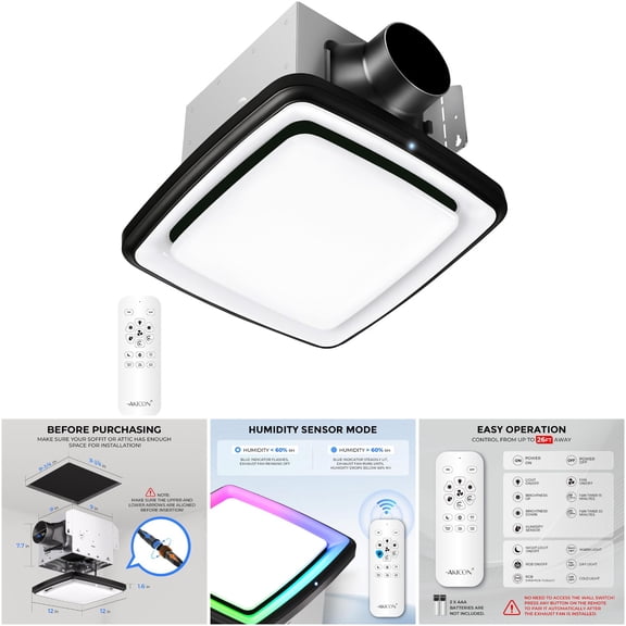 Akicon AKRGB1-B Bathroom Exhaust Fan with Light and Humidity Sensor, 110 CFM, Black, Ceiling Mount