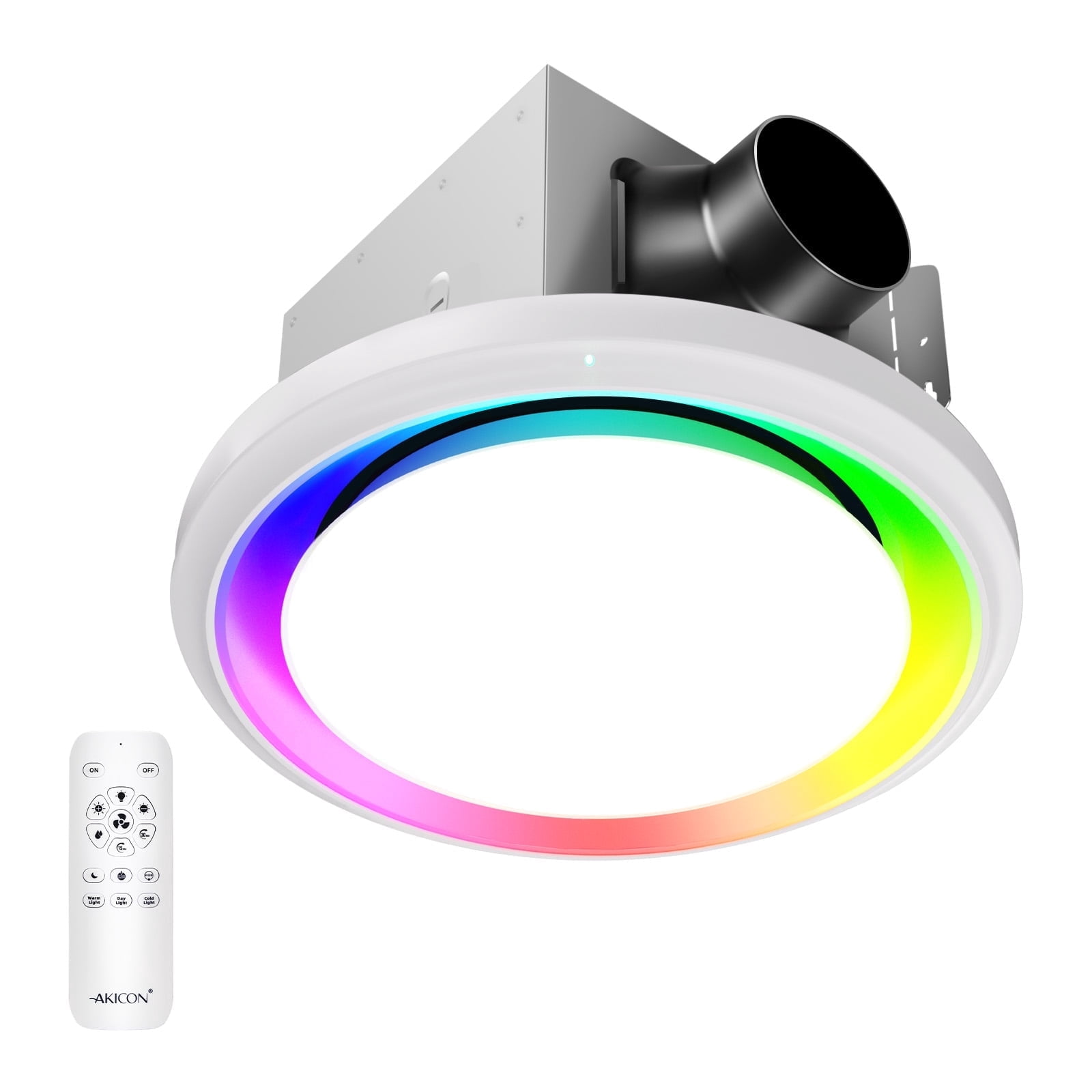 Akicon Bathroom Exhaust Fan with Humidity Sensor, 110 CFM 1.5 Sones Vent Fan with RGB Light, 3CCT Dimmable LED Light & Nightlight for Shower Room, Round, White