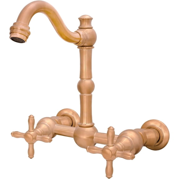 Akicon Brass Bathroom Faucet, 6-Inch 2-Holes Wall Mount Bathroom Bridge Faucet with Two Handles Dual Lever Hot and Cold Water, Copper