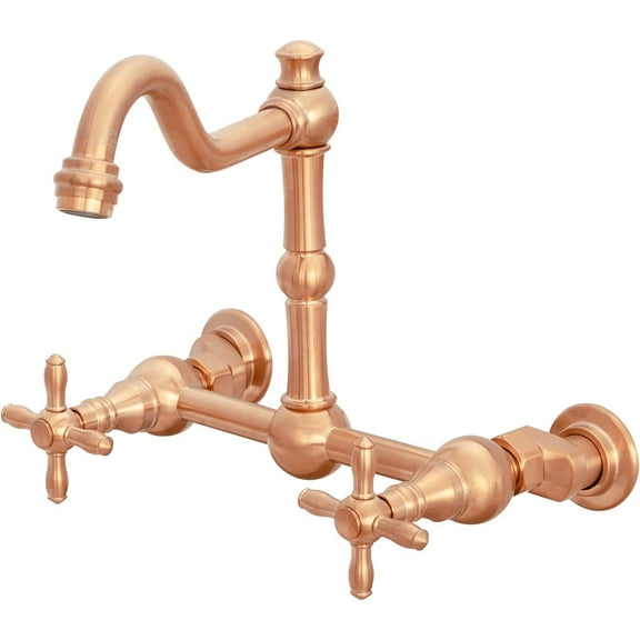 Akicon Brass Kitchen Faucet, Two-Handles Dual Lever Hot and Cold Wall Mount Kitchen Faucet with 8 Inch, Copper