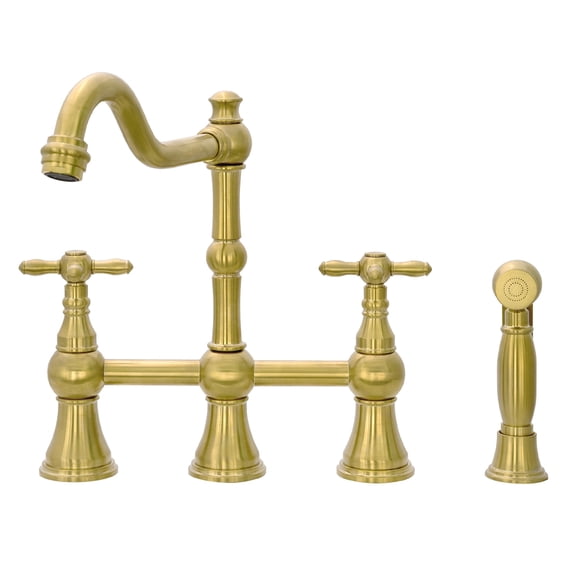 Akicon Bridge Kitchen Faucets - Solid Brass Kitchen Faucet with Side Sprayer - 2 Cross Handles Brushed Gold Kitchen Sink Faucet, AK96718N1