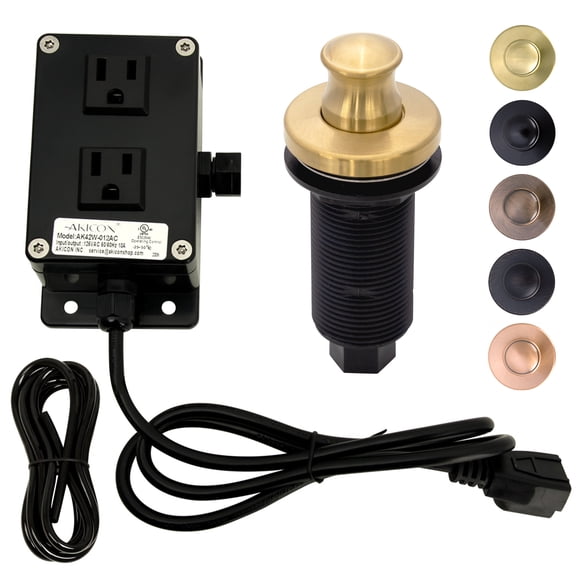 Akicon Brushed Gold Garbage Disposal Air Switch Kit, Dual Outlet Sink Top Waste Disposal On/Off Push Button with Brass Cover, 2-1/2" Max Countertop Thickness, UL Listed