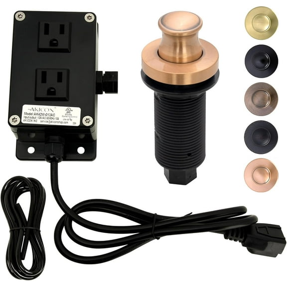 Akicon Copper Garbage Disposal Air Switch Kit, Dual Outlet Sink Top Waste Disposal On/Off Push Button with Brass Cover, 2-1/2" Max Countertop Thickness, UL Listed