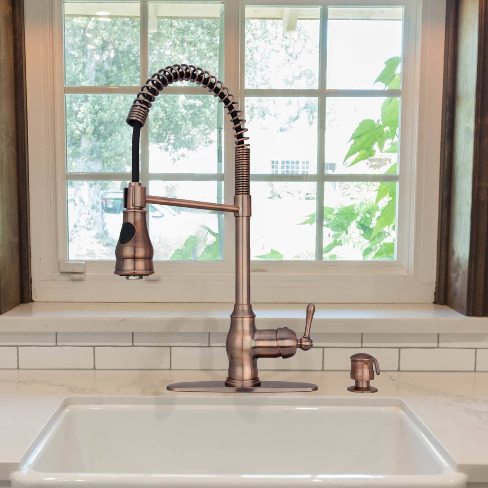 Antique Copper Pre-Rinse Spring Kitchen Faucet with Pull Down Sprayer