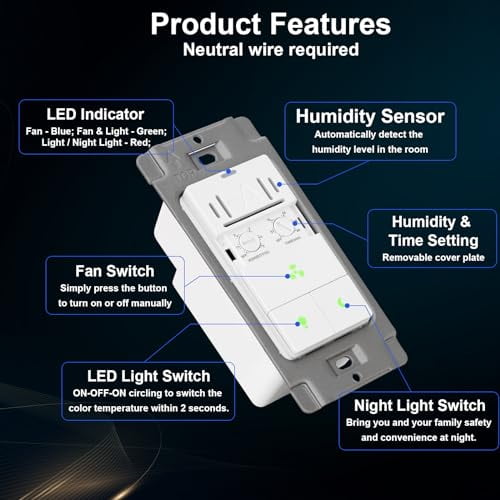 Akicon Humidity Sensor Switch for Bathroom Exhaust Fan, LED Light