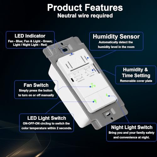 Akicon Humidity Sensor Switch for Bathroom Exhaust Fan, LED Light