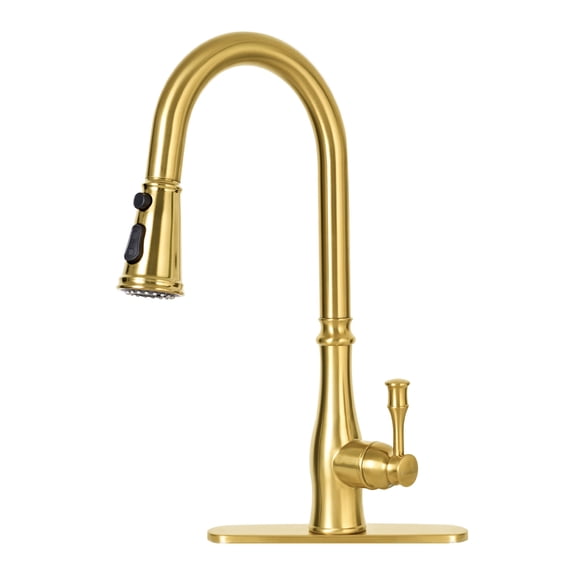 Akicon Kitchen Faucet with Pull Down Sprayer, 3-Function Kitchen Sink Faucets with Deck Plate, Fits 1-Hole and 3-Hole Sinks, Single Handle 304 Stainless Steel, Brushed Gold