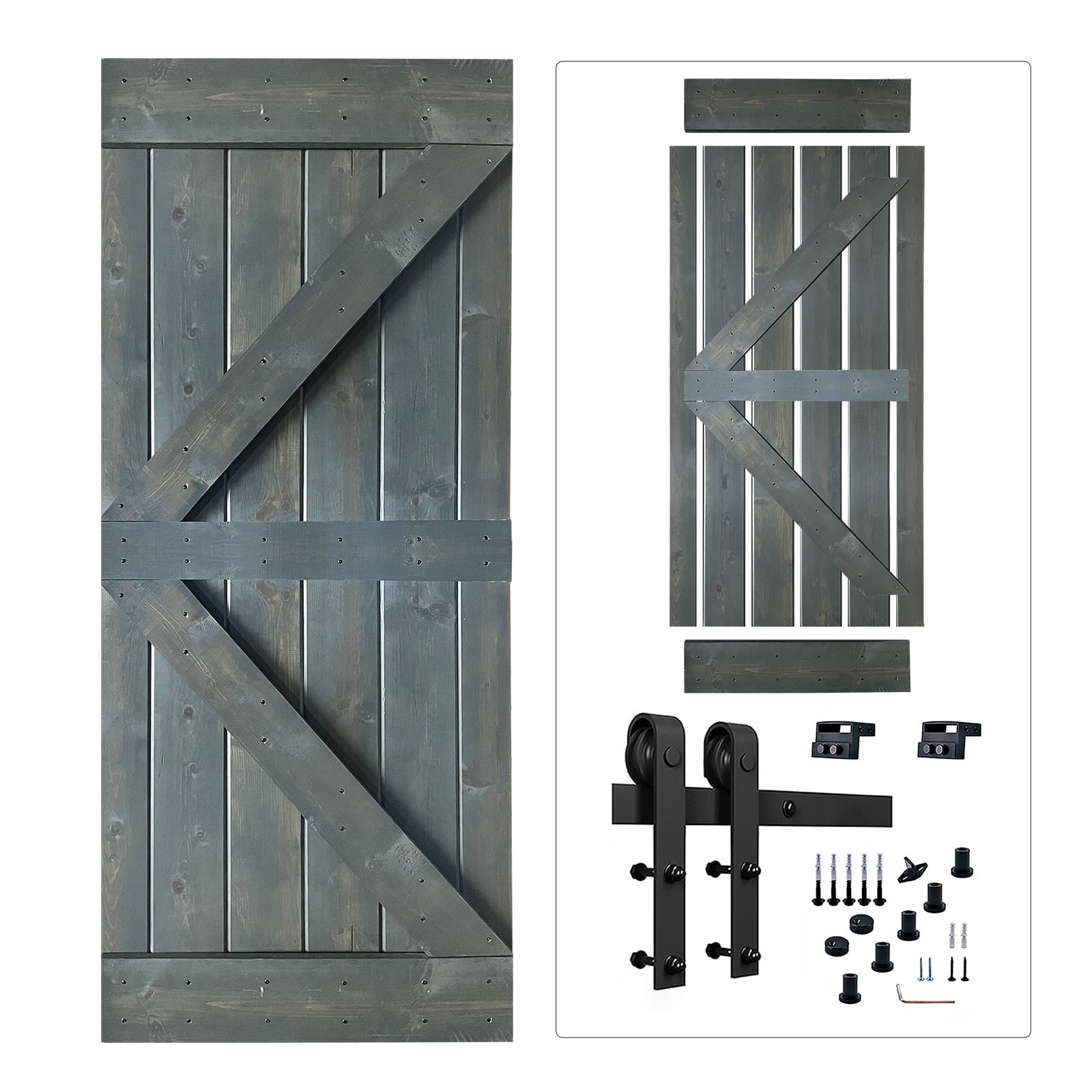 Akicon Paneled Wood Gray Finish Barn Door with Hardware Kit Single
