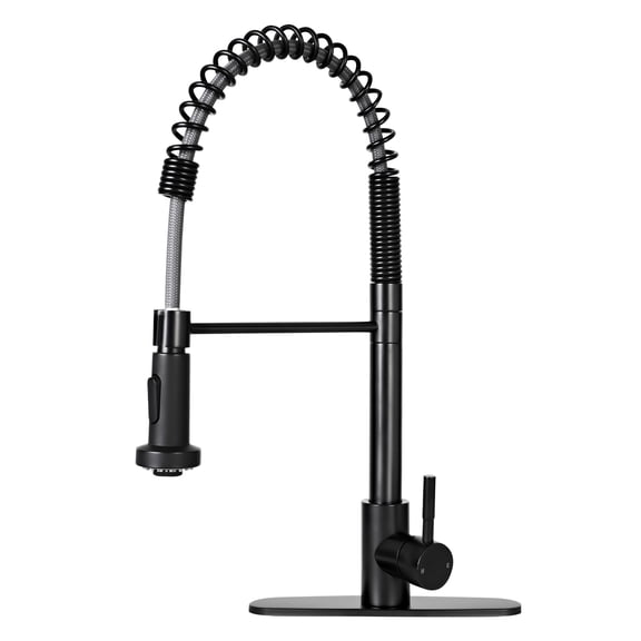Akicon Pre-Rinse Spring Kitchen Faucet with Sprayer, Dual Spray Mode Commercial Kitchen Sink Faucets, Single Handle 304 Stainless Steel, Includes Deck Plate, Fits 1-Hole or 3-Hole Sinks, Black
