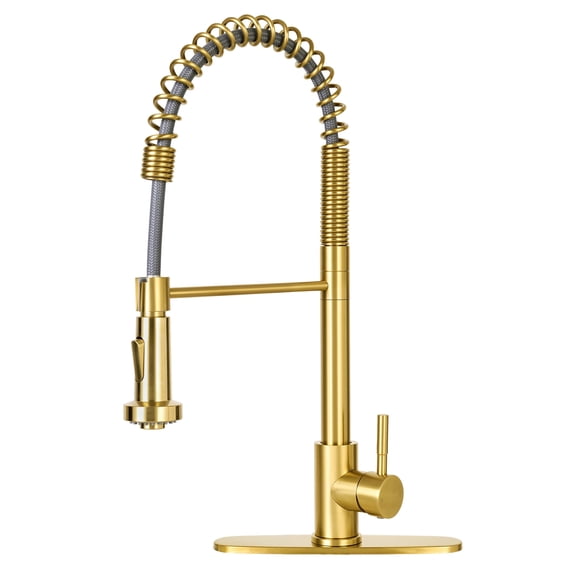 Akicon Pre-Rinse Spring Kitchen Faucet with Sprayer, Dual Spray Mode Commercial Kitchen Sink Faucets, Single Handle 304 Stainless Steel, Includes Deck Plate, Fits 1-Hole or 3-Hole Sinks, Brushed Gold