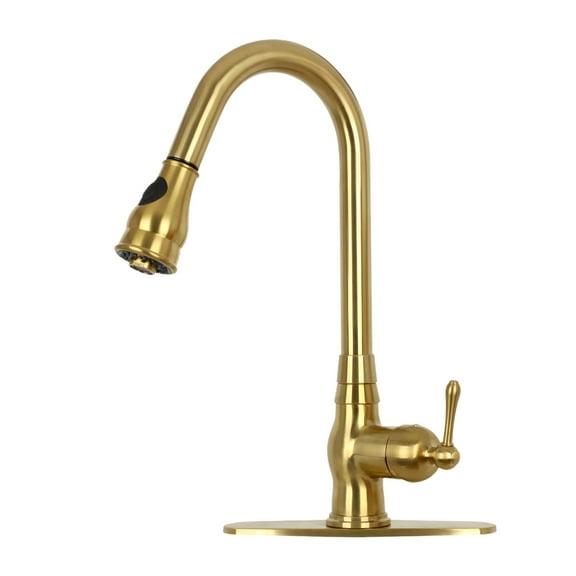 Akicon Pull Out Kitchen Faucet with Deck Plate, Single Level Solid Brass Kitchen Sink Faucets with Pull Down Sprayer - Brushed Gold