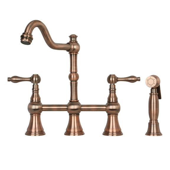 Akicon Two-Handles Bridge Kitchen Faucet with Side Sprayer 8-3/8 Inch High Arc Antique Copper Antique