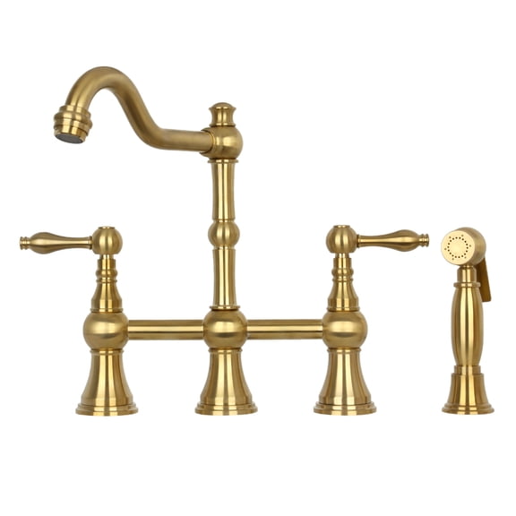 Akicon Two-Handles Bridge Kitchen Faucet with Side Sprayer 8-3/8 Inch High Arc Brushed Gold Gold Finish
