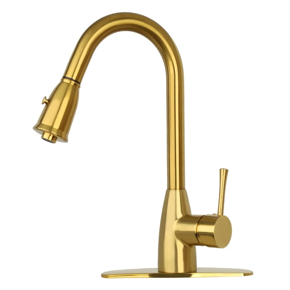 Akicon Two-Tone Gold Pull Out Kitchen Faucet with Deck Plate, Single Level Solid Brass Kitchen Sink Faucets with Pull Down Sprayer