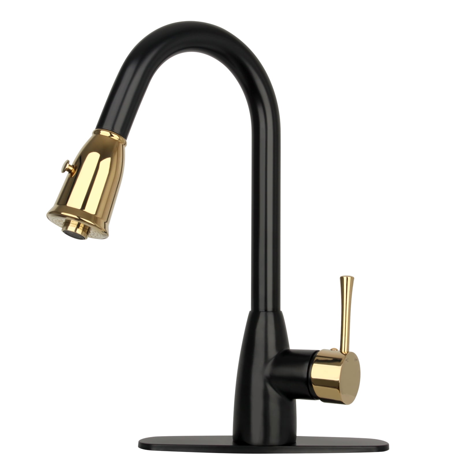 Matte Black and Gold Brass Kitchen Faucet with Pull Down Sprayer