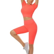 Akiihool 2 Piece Women's Workout Sets Short Sleeve Top & Bottom Shorts Leggings Fitness Clothing, Orange Size L