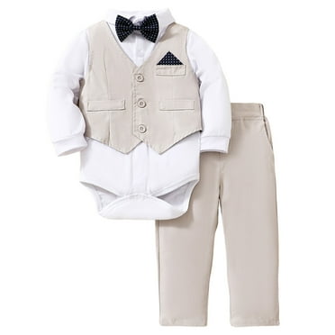 Akiihool Baby Boys Gentleman Formal Suit Set with Pant, Shirt, and Bow Tie, Weding Outfit (Beige,3-6 Months)