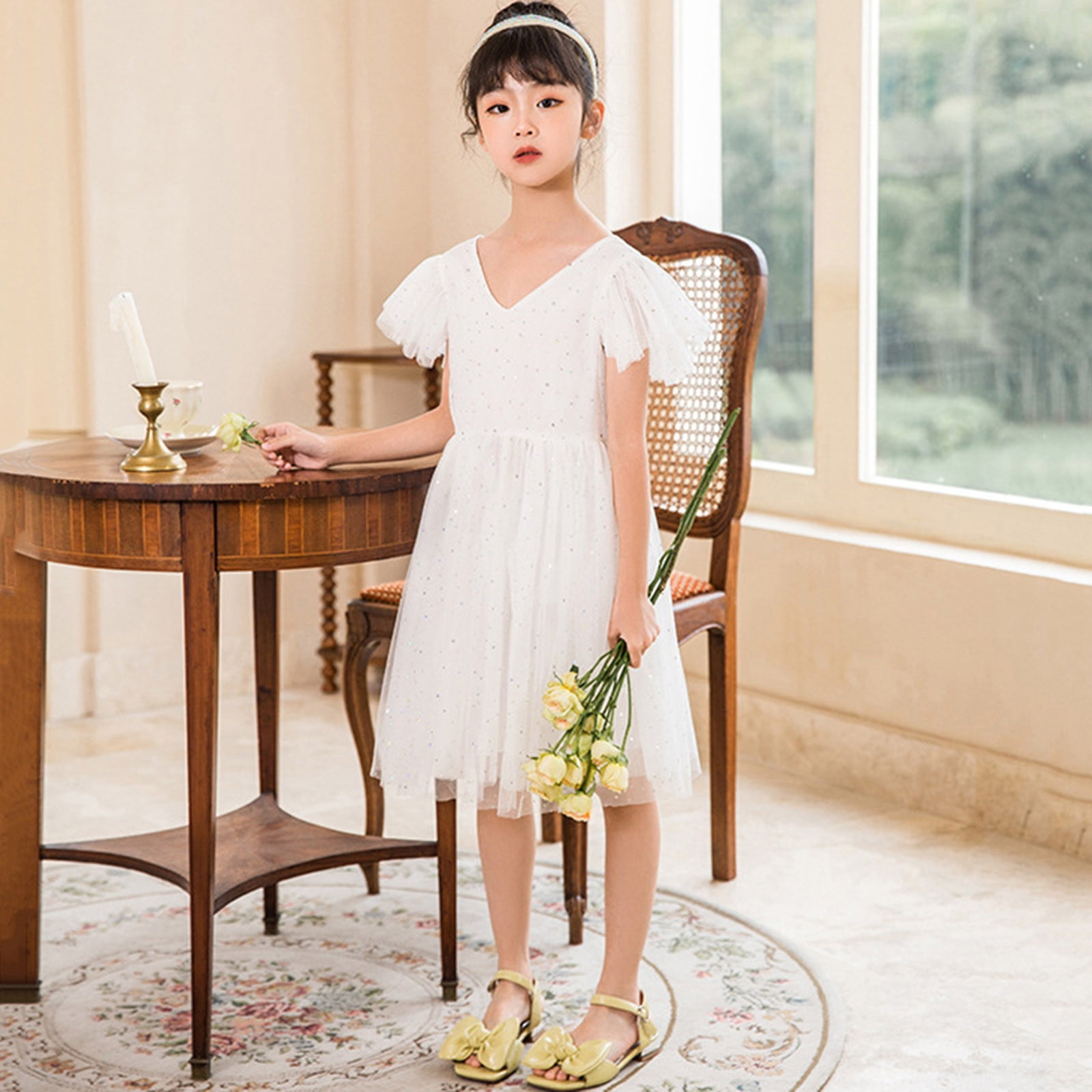 Toddler Girl Ruffled Ribbed Rainbow Star Print Splice Short-sleeve Dress