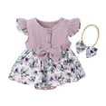 thumbnail image 1 of Akiihool Baby Girls Suspender Bowknot Flower Print Ruffle Romper Jumpsuit with Headband 2pcs Baby Girl Clothes (Purple,12-18 Months), 1 of 6
