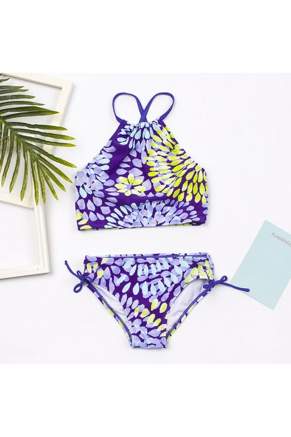 Baby Swimsuit Girl Girl's 2 Piece Cute Spaghetti Strap Triangle Bikini Swimsuit with Beach Cover Up (Purple,13-14)