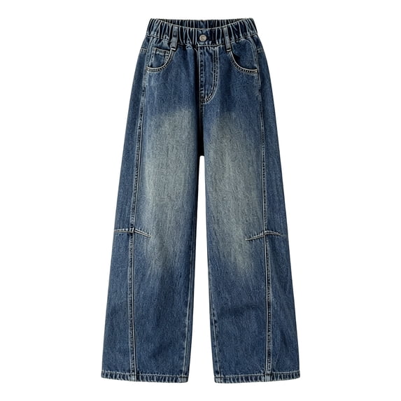 Akiihool Baggy Ripped Jeans Girls Casual Jeans Elastic Waist Denim Wide Leg Pants Toddler Trousers Softball Pants Girls (Blue,5-6 Years)