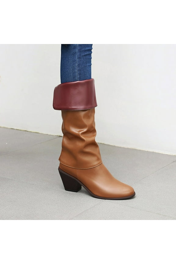 Boots for Women Fashion Cowboy Boots for Women Pointy Toe Winter Lace up Mid Calf Boots (Brown,8)