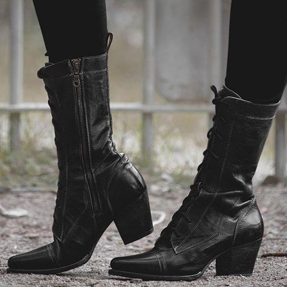 Akiihool Boots for Women Fashion Women's Fashion Cowboy Cowgirl Women's Western Boots Cowgirl Boots Mid Calf Boots (Black,8)