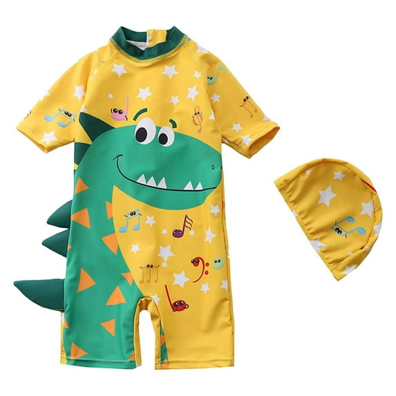 Akiihool Boy Swim Set Boys' Quick-Dry Rash Guard Swimsuit and Hat Set (Yellow,2-3 Years)