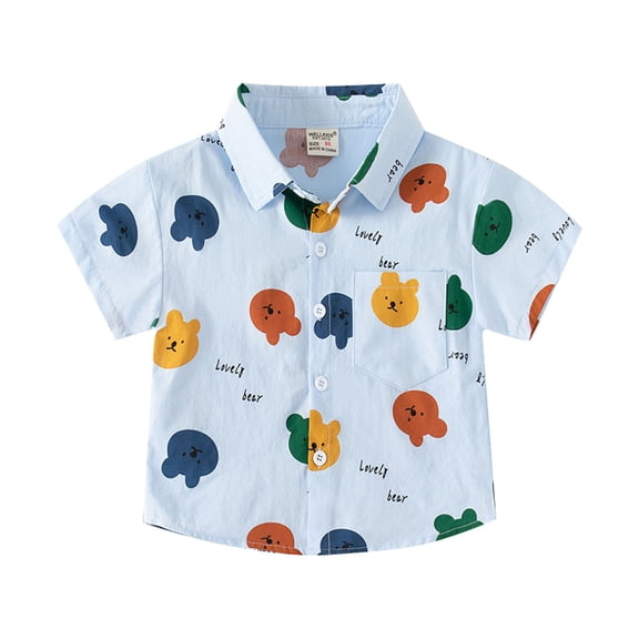 Akiihool Boys Button Down Shirt Boys Short Sleeve Button Down Shirt Cartoon Bear Pattern with Pockets(Blue,18-24 Months)