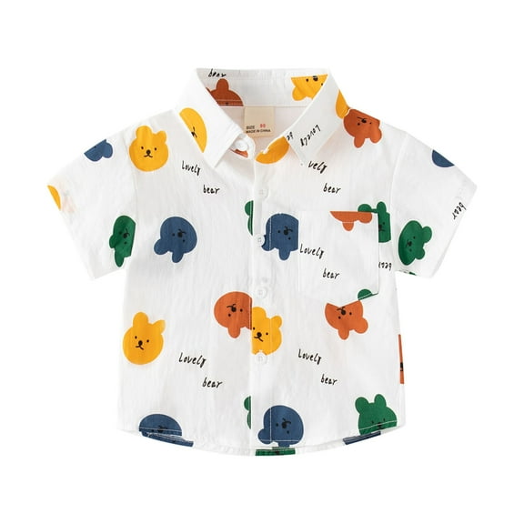 Akiihool Boys Button Up Shirt Boys Short Sleeve Button Down Shirt Cartoon Bear Pattern with Pockets(White,2-3 Years)