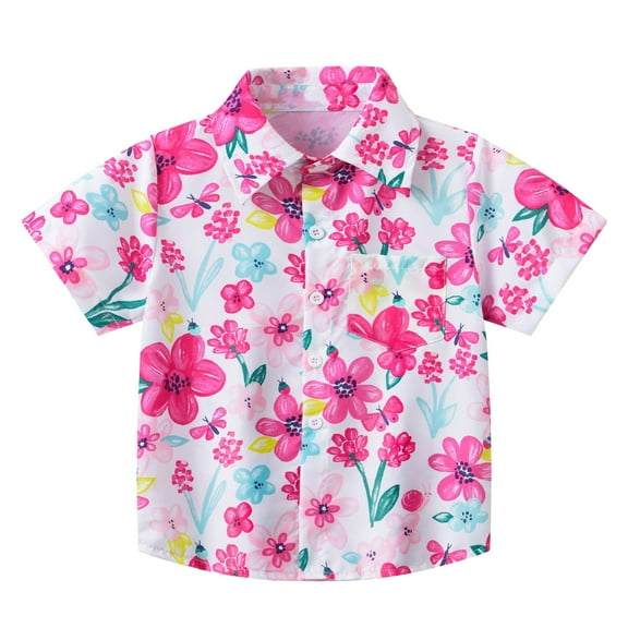 Akiihool Boys Dress Shirts Boy's Hawaiian Shirt Tropical Beach Casual Summer Shirt with Pocket Short Sleeve(Pink,12-18 Months)