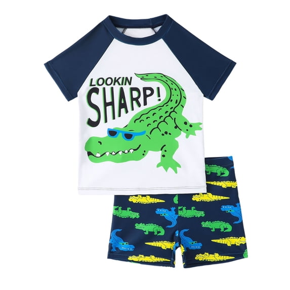 Akiihool Boys Rash Guard Swim Trunk Sets Upf 50 Boys Swim Set - 2 Piece Boys Swim Trunks with Rash Guard UV Protection Swimsuit Kids Bathing Suits (Sizes 4-12)(White,6-7 Years)