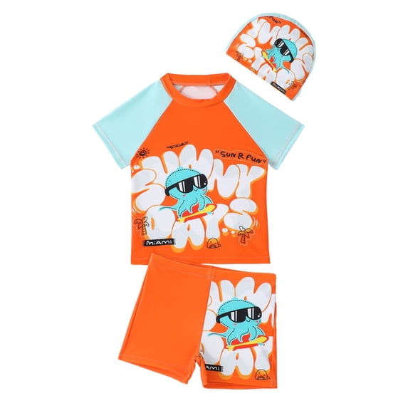 Akiihool Boys Swim Set Short Sleeve Boys UPF 50+ Short Sleeve Rash Guard and Swim Trunks Outfit Set Toddler to Big Boy Sizes (3-11Years)(Orange,4-5 Years)
