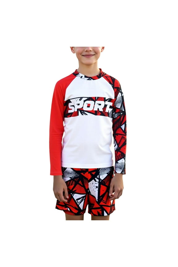 Boys Swim Trunks With Rash Guard Boy's 2-Piece Set - Short Sleeve Shirt and Trunks Shorts Rash Guard Swim Suit Wear Outfit for Kids(Red,10 Years)