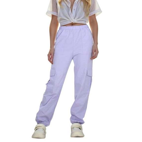 Akiihool Cargo Pants Kids Girls Cargo Pants Elastic Waist Casual Jogger Pants for Girls Streetwear Loose with Pockets (Purple,11-12 Years)