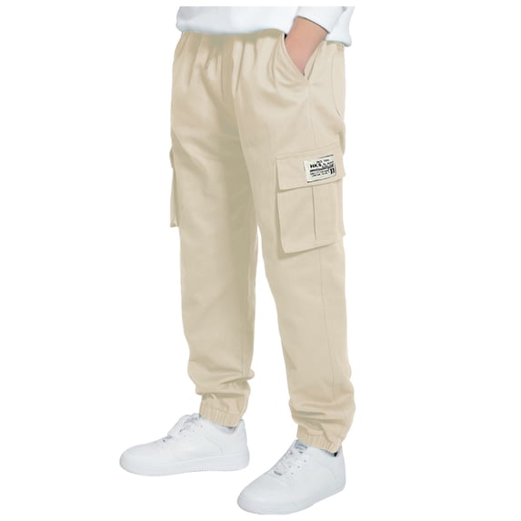 Akiihool Cargo Pants for Boys Boys Camo Pants Kids Pull On Drawstring Youth Camouflage Cargo Joggers(Khaki,9-10 Years)