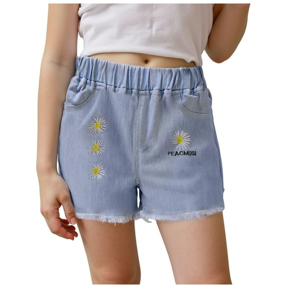 Akiihool Denim Shorts Girl's Jean Shorts High Waist Straight Leg Denim Shorts (Light Yellow,7-8 Years)