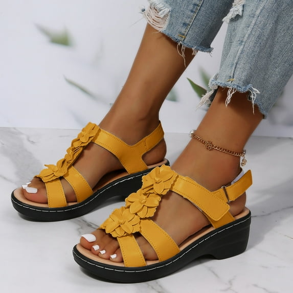 Akiihool Dressy Sandals Women Comfortable Women's Flat Sandals Fashion Rhinestone Flat Sandals with Ankle Strap for Summers Dress Casual (Yellow,8.5)