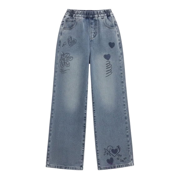 Akiihool Flare Pants for Girls Girls Baggy Cargo Jeans, Y2K Straight Leg Denim Pants for 8-16, Elastic Waist Multi-Pocket Streetwear Trousers (Blue,14-15 Years)